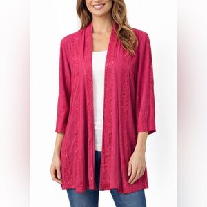Susan Graver Fuchsia Open Front Cardigan – Sheer Embellished Layering Jacket